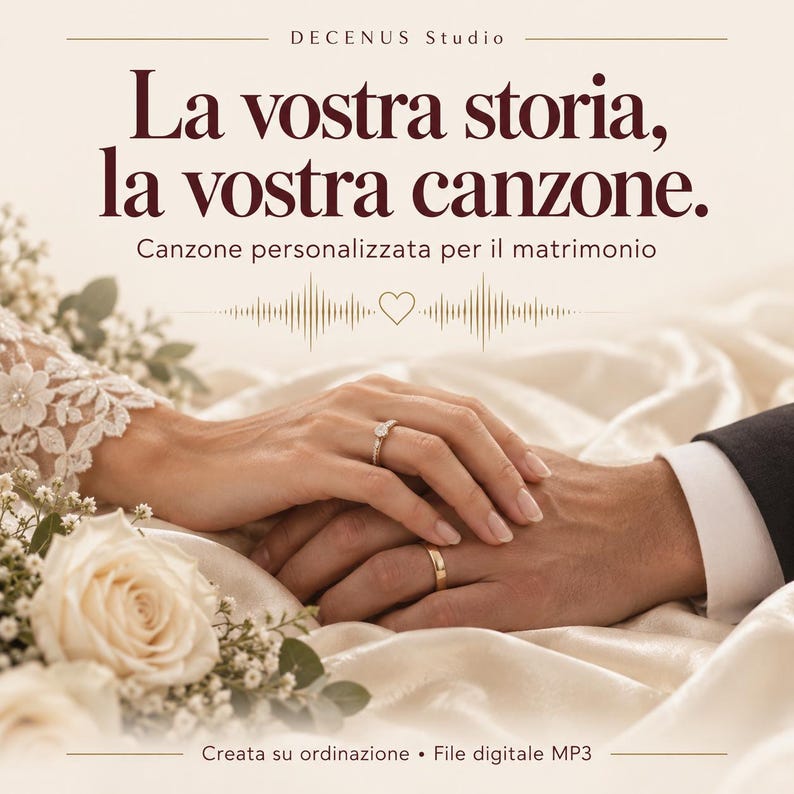 Puede incluir: Un gr&aacute;fico digital con el texto "La vostra storia, la vostra canzone. Canzone personalizzata per il matrimonio", un icono de onda sonora y un coraz&oacute;n. La imagen muestra dos manos entrelazadas con anillos de boda sobre una tela blanca.