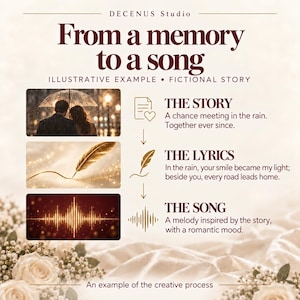 Puede incluir: Un gr&aacute;fico titulado From a memory to a song de Decenus Studio. Describe un proceso creativo en tres etapas: The Story de una pareja bajo la lluvia, The Lyrics escritos con una pluma dorada y The Song representada por una onda sonora dorada.