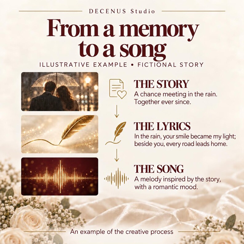 Puede incluir: Un gr&aacute;fico titulado From a memory to a song de Decenus Studio. Describe un proceso creativo en tres etapas: The Story de una pareja bajo la lluvia, The Lyrics escritos con una pluma dorada y The Song representada por una onda sonora dorada.