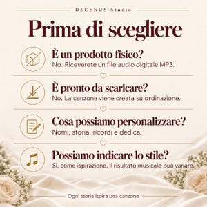 Puede incluir: Un gr&aacute;fico informativo de Decenus Studio titulado Prima di scegliere, que presenta cuatro secciones con iconos y texto en italiano explicando que el producto es un archivo de audio MP3 digital personalizado, no un art&iacute;culo f&iacute;sico.