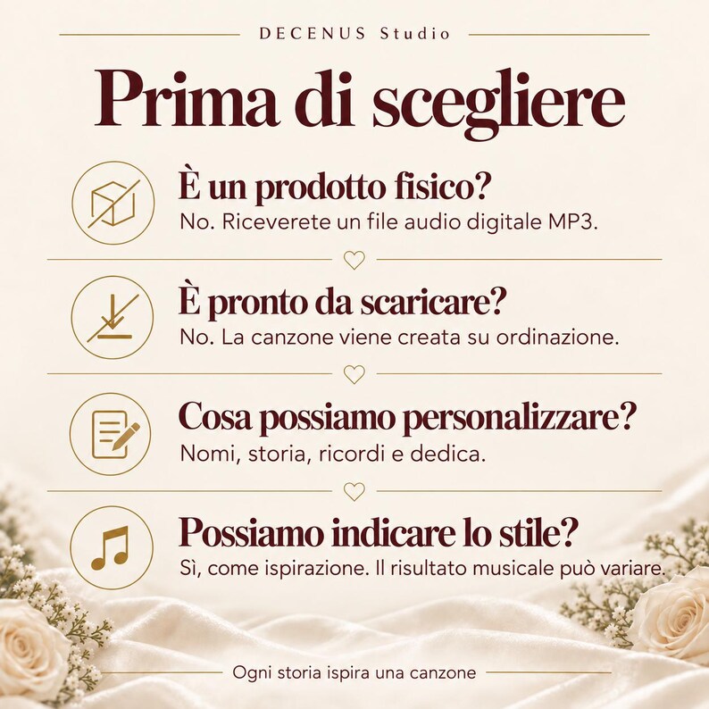 Puede incluir: Un gr&aacute;fico informativo de Decenus Studio titulado Prima di scegliere, que presenta cuatro secciones con iconos y texto en italiano explicando que el producto es un archivo de audio MP3 digital personalizado, no un art&iacute;culo f&iacute;sico.