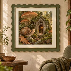 Può includere: Una stampa quadrata incorniciata che mostra l'illustrazione dettagliata di una lumaca che striscia vicino a una piccola struttura in pietra coperta di muschio con un ingresso ad arco e una luce interna accesa, tra fogliame e funghi.