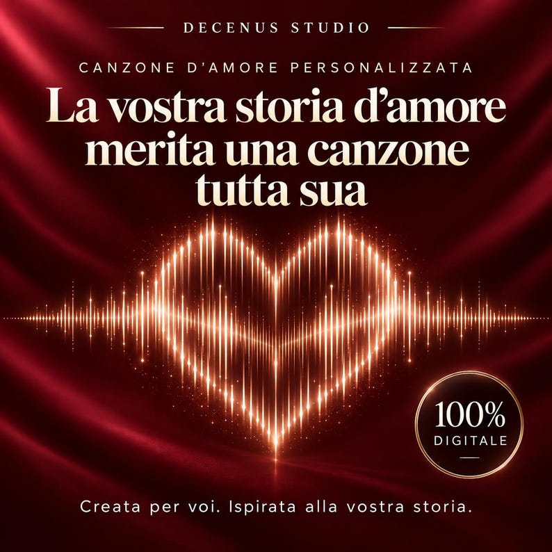May include: A digital graphic on a dark red satin background featuring a glowing gold sound wave shaped like a heart. Text reads: DECENUS STUDIO, CANZONE D'AMORE PERSONALIZZATA, La vostra storia d'amore merita una canzone tutta sua, 100% DIGITALE, Creata per voi. Ispirata alla vostra storia.