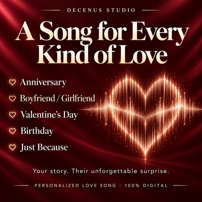 May include: A digital graphic with a deep red background featuring the text Decenus Studio, A Song for Every Kind of Love, and a list including Anniversary, Boyfriend/Girlfriend, Valentine's Day, Birthday, and Just Because. A glowing heart sound wave is visible.