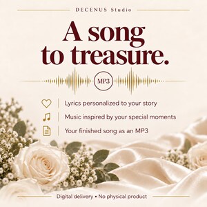 Puede incluir: Un gr&aacute;fico digital con el texto "DECENUS Studio" y "A song to treasure." Una onda sonora dorada rodea un c&iacute;rculo "MP3". Los iconos incluyen un coraz&oacute;n, notas musicales y un documento, con el texto: "Lyrics personalized to your story," "Music inspired by your special moments," y "Your finished song as an MP3." Abajo, "Digital delivery &bull; No physical product" sobre rosas blancas y tela.