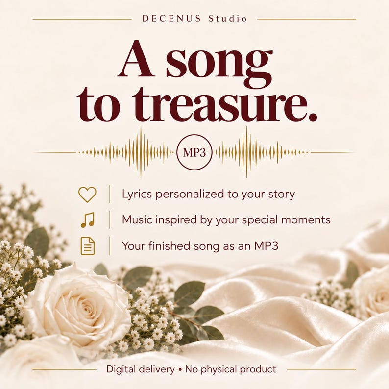 Puede incluir: Un gr&aacute;fico digital con el texto "DECENUS Studio" y "A song to treasure." Una onda sonora dorada rodea un c&iacute;rculo "MP3". Los iconos incluyen un coraz&oacute;n, notas musicales y un documento, con el texto: "Lyrics personalized to your story," "Music inspired by your special moments," y "Your finished song as an MP3." Abajo, "Digital delivery &bull; No physical product" sobre rosas blancas y tela.