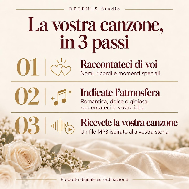 Puede incluir: Un gr&aacute;fico de servicio digital titulado Decenus Studio, La vostra canzone, in 3 passi. Describe tres pasos: 01 Raccontateci di voi, 02 Indicate l'atmosfera y 03 Ricevete la vostra canzone, con iconos dorados de corazones, notas musicales y ondas sonoras.