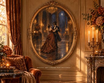 May include: An oval wall art print featuring a couple in formal attire dancing in a grand ballroom at night. The artwork displays a dark, moody scene with warm golden lighting. The text at the bottom reads: DIGITAL ART • FRAME NOT INCLUDED.