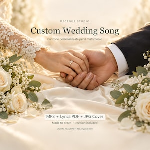 Puede incluir: Un servicio digital titulado Custom Wedding Song de Decenus Studio. La imagen muestra dos manos entrelazadas, una con manga de encaje y un anillo. El texto incluye MP3 + Lyrics PDF + JPG Cover y Made to order.