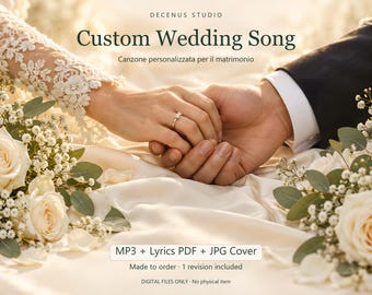May include: A digital service listing titled Custom Wedding Song by Decenus Studio. The image features two hands holding each other, with one wearing a lace sleeve and a ring. Text includes MP3 + Lyrics PDF + JPG Cover and Made to order.