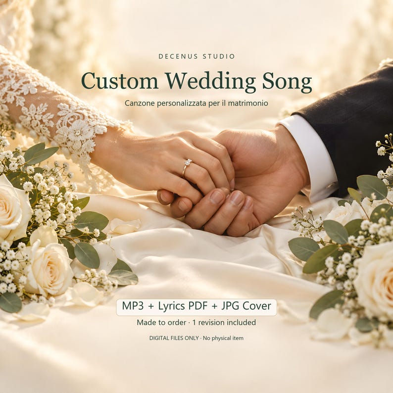 Puede incluir: Un servicio digital titulado Custom Wedding Song de Decenus Studio. La imagen muestra dos manos entrelazadas, una con manga de encaje y un anillo. El texto incluye MP3 + Lyrics PDF + JPG Cover y Made to order.