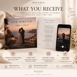 Puede incluir: Un paquete de canciones digitales que incluye una portada cuadrada con una pareja al atardecer, una hoja de letras titulada Our Forever y un tel&eacute;fono inteligente con la interfaz de la canci&oacute;n. Texto: Decenus Studio, What You Receive.