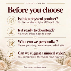 Puede incluir: Un gr&aacute;fico informativo titulado Before you choose de DECENUS Studio. Enumera cuatro preguntas sobre un servicio de archivo de audio MP3 digital, incluyendo opciones de personalizaci&oacute;n para nombres, historias y recuerdos, con corazones y flores.