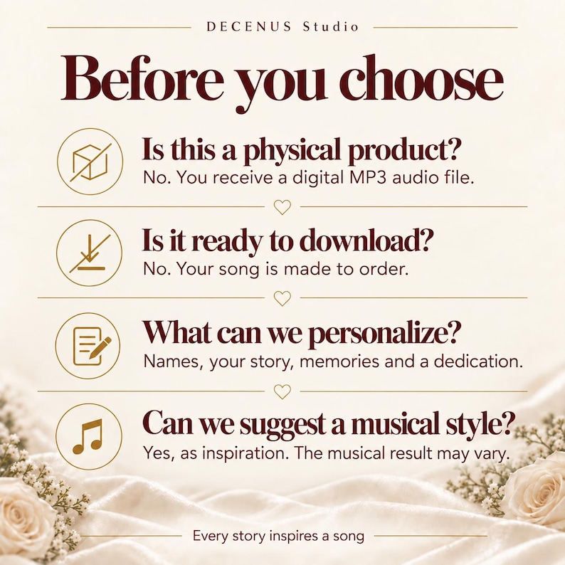 Puede incluir: Un gr&aacute;fico informativo titulado Before you choose de DECENUS Studio. Enumera cuatro preguntas sobre un servicio de archivo de audio MP3 digital, incluyendo opciones de personalizaci&oacute;n para nombres, historias y recuerdos, con corazones y flores.