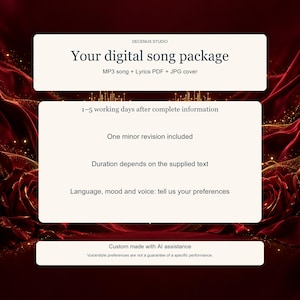 May include: A digital song package information card from Decenus Studio featuring text on a cream background. The text details an MP3 song, lyrics PDF, and JPG cover, including notes on revisions, duration, language, mood, voice, and AI assistance.