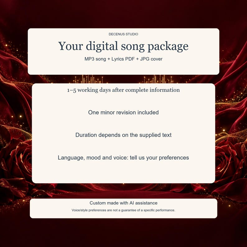 May include: A digital song package information card from Decenus Studio featuring text on a cream background. The text details an MP3 song, lyrics PDF, and JPG cover, including notes on revisions, duration, language, mood, voice, and AI assistance.