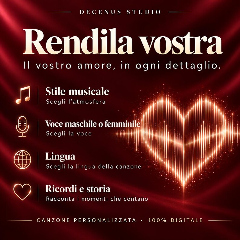 May include: A digital graphic on a dark red satin background featuring the text Decenus Studio, Rendila vostra, Il vostro amore, in ogni dettaglio, and a glowing heart-shaped sound wave. Icons represent musical style, voice, language, and story.
