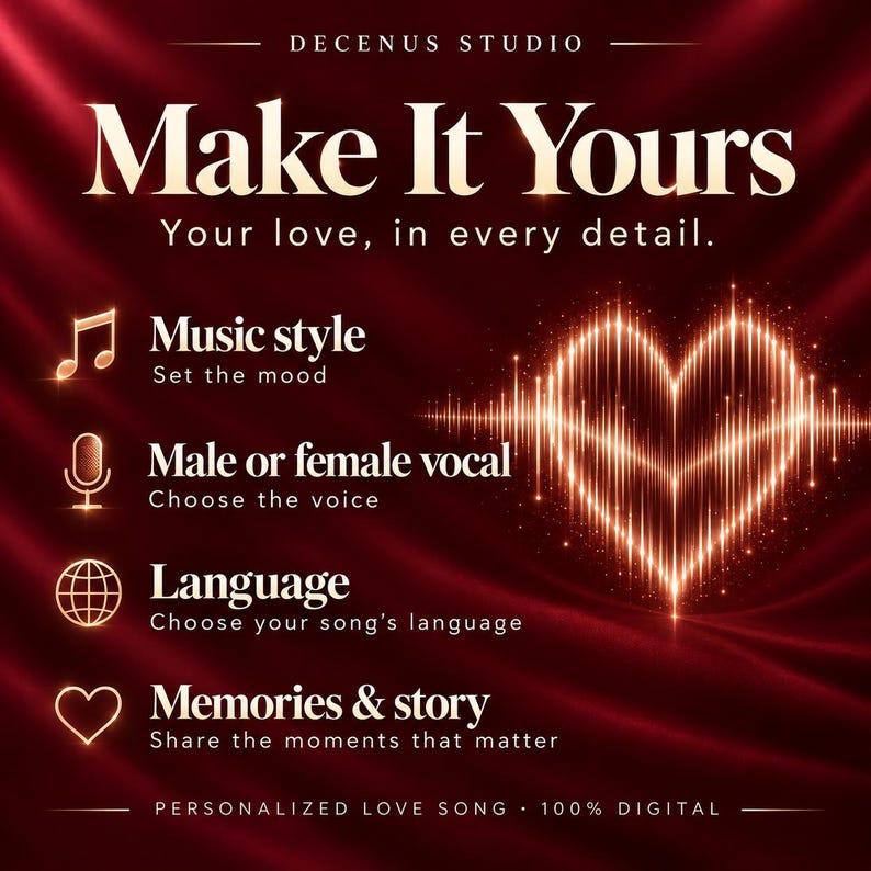May include: A dark red background with a glowing heart-shaped sound wave graphic. Text reads: Decenus Studio, Make It Yours, Your love, in every detail. Icons represent music style, vocal choice, language, and memories. Personalized love song, 100% digital.