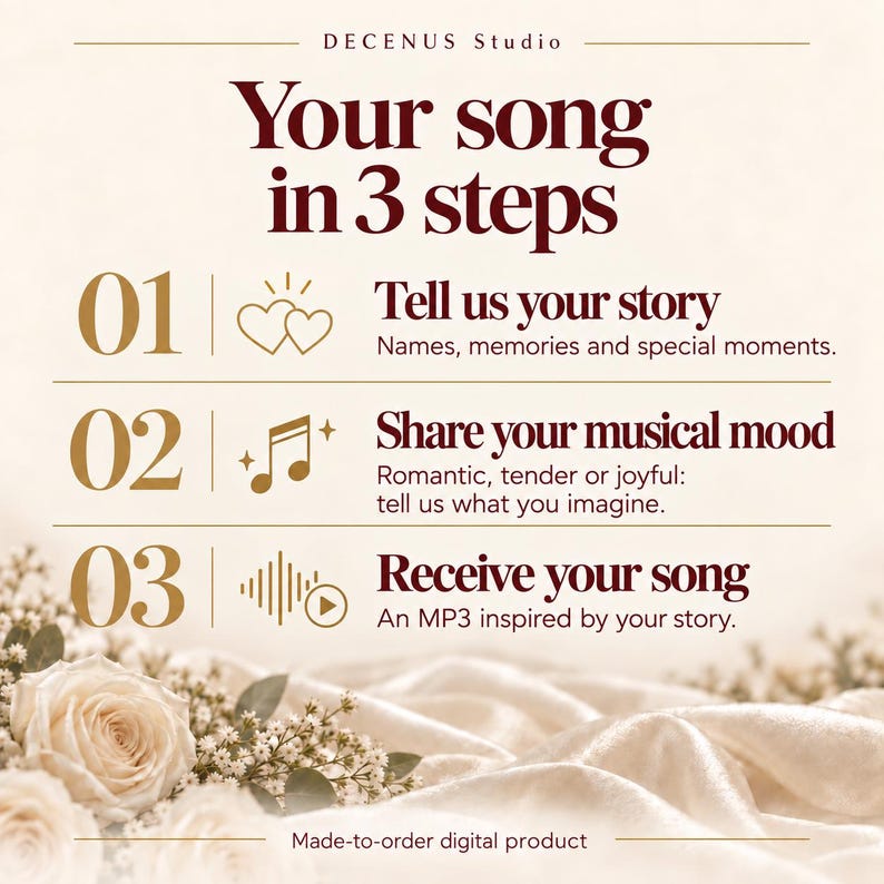 Puede incluir: Un gr&aacute;fico de informaci&oacute;n de producto digital titulado Your song in 3 steps de Decenus Studio. Describe tres pasos: 01 Tell us your story, 02 Share your musical mood y 03 Receive your song, con iconos de corazones, notas musicales y ondas sonoras.