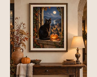 Svart katt och pumpa under månen, Halloween-målningsstiltryck, digitalt konsttryck - DECENUS