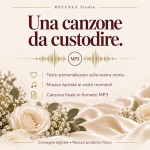 Puede incluir: Un gr&aacute;fico digital con el texto Decenus Studio y Una canzone da custodire. Un icono de onda sonora dorada con un c&iacute;rculo MP3 sobre tres l&iacute;neas con iconos de coraz&oacute;n, notas musicales y documento, junto a rosas blancas.