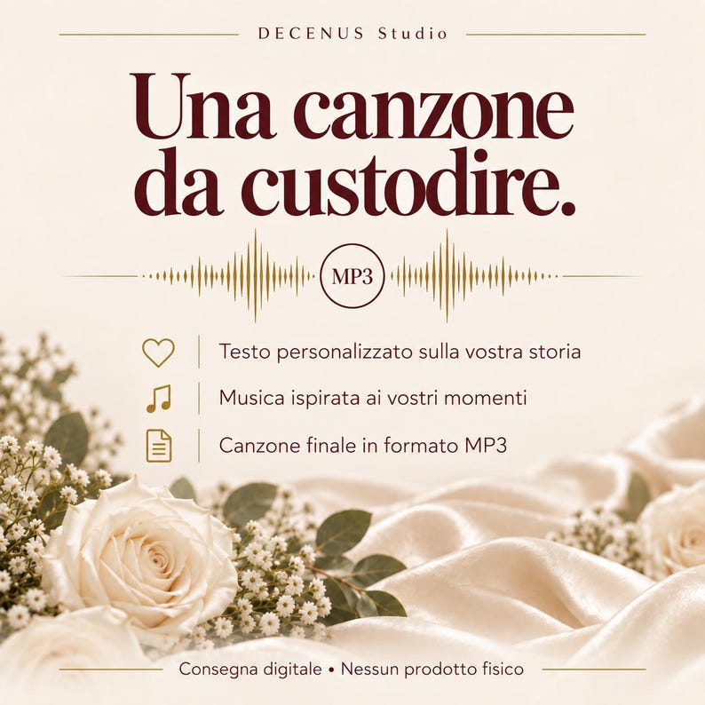 Puede incluir: Un gr&aacute;fico digital con el texto Decenus Studio y Una canzone da custodire. Un icono de onda sonora dorada con un c&iacute;rculo MP3 sobre tres l&iacute;neas con iconos de coraz&oacute;n, notas musicales y documento, junto a rosas blancas.