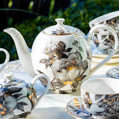 Black Gold Peony Fine Porcelain 11piece Tea Set 1 Teapot 1 Etsy