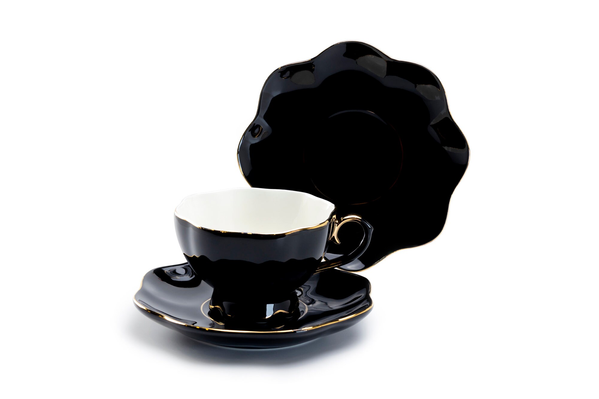 Black Gold Scallop Fine Porcelain 11-piece Tea Set, 1 Teapot, 1