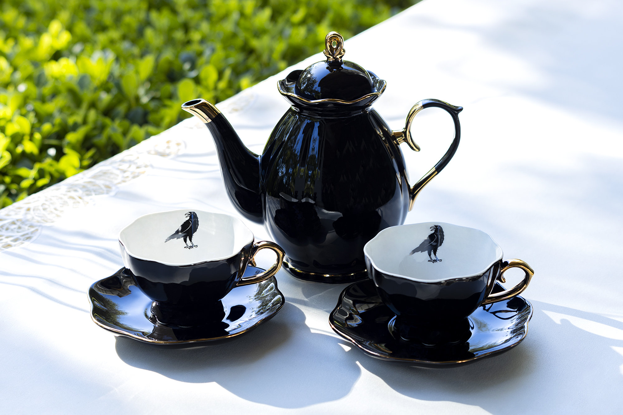 Grace Teaware Black Gold Scallop Teapot + 6 Assorted Halloween Tea Cup and Saucer Sets Hand Painted Gold Trim