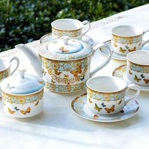 Butterflies With Pink Ornament 11piece Fine Porcelain Tea Etsy