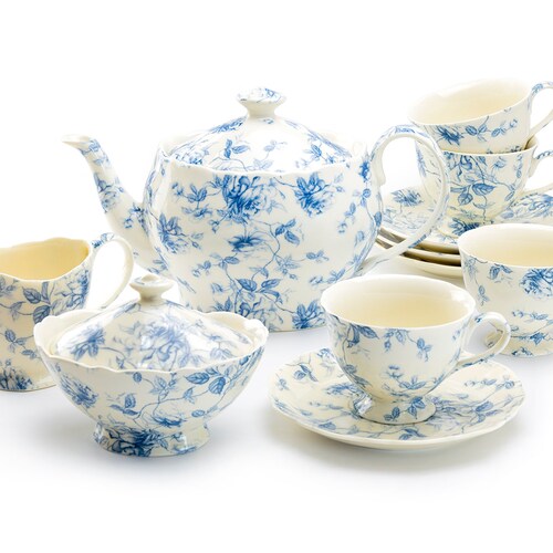 Blue Rose Toile Fine Porcelain 11-Piece Tea Set, 1 shops Teapot, 1 Sugar Bowl and 1 Creamer, 4 Cups with 4 Saucers Set, Grace Teaware