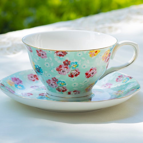 Rose With Blue Accent Fine Porcelain 11piece Tea Set Grace Etsy