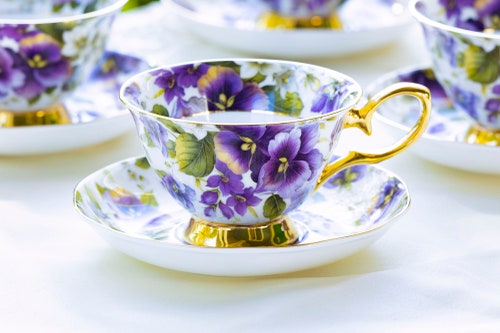 Purple Pansy Gold Bone China Tea Cup