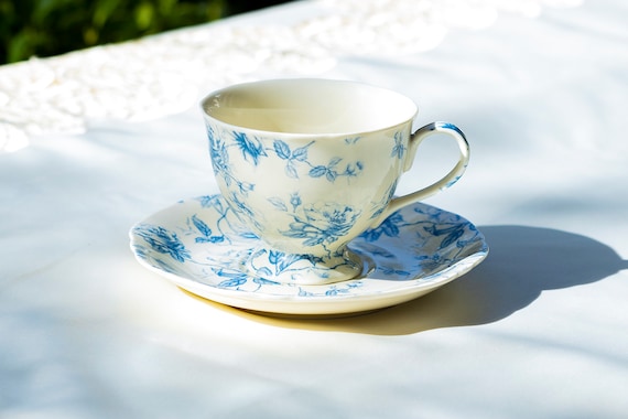 Blue Rose Toile Fine Porcelain Tea Cup and Saucer Set Grace - Etsy