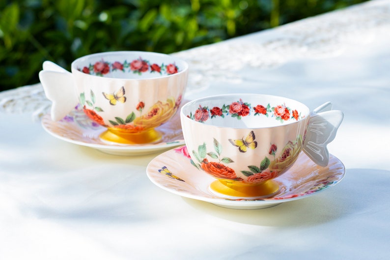 Rose Butterfly Bone China Tea Cup and Saucer Set With Hand Etsy