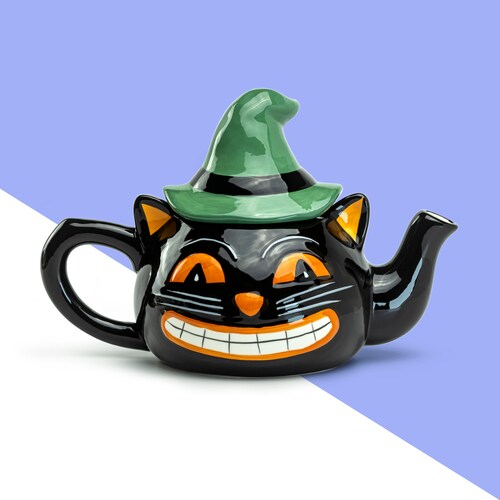 Black Cat Ceramic Teapot Black Cat With Green Hat Teapot Etsy