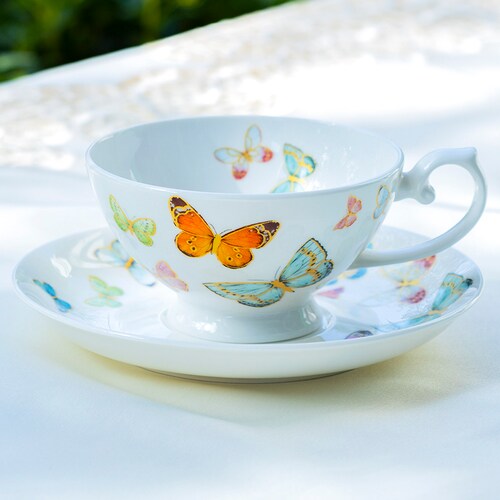 Rose Butterfly Bone China Tea Cup and Saucer Set With Hand Etsy
