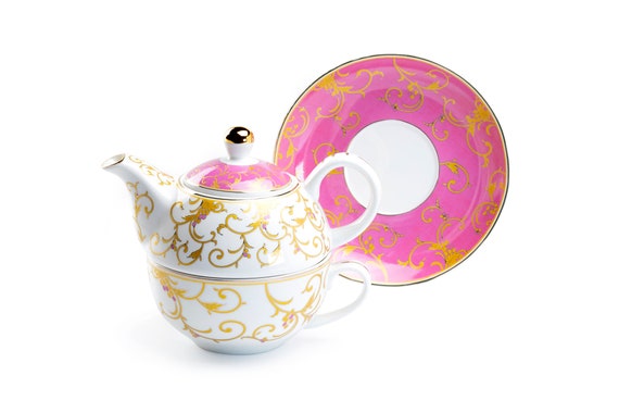 Pink/Gold Scroll Gold Trimmed Grace Teaware Porcelain 4-Piece Tea For One 