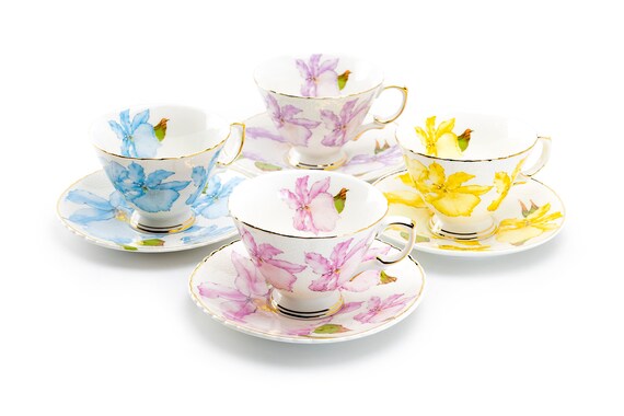 Iris Flower British Tea Cups, Beautiful Bone China Porcelain Tea Cup S
