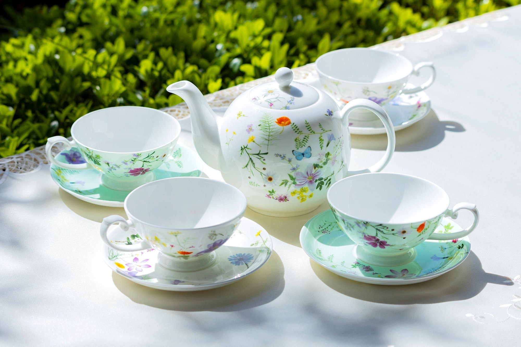 Set of 3 Cornflower with Butterfly Hydrangea with Bird Pattern Porcelain Tea Set 