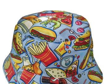 Fast food Blue Bucket Hat Reversible black Unisex One size Summer Party BBQ hat 100% Cotton