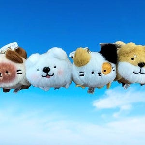 May include: Four plush animal keyrings against a blue sky. The keyrings are shaped like cartoon animals: a cat, a dog, and two other dog-like creatures. The cat is brown and white, the dog is white, and the other two are white, brown, and black.