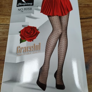 May include: A package for black fishnet tights featuring a red skirt and a rose on the front. The package reads "Graceful Comfortable Quality" and "NO. 8058".