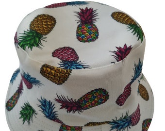 Pineapple Rainbow White Bucket hat Reversible One size Summer Party 100% Cotton