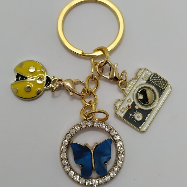 Blue Butterfly Diamante Circle Camera Yellow Ladybird Gold Keyring Keychain