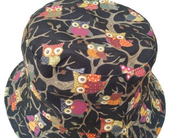 Corujas Preto Bucket Hat Reversível 2 Em 1 Dobrável Tamanho Único Verão 100% Algodão Festival Festa Chapéu