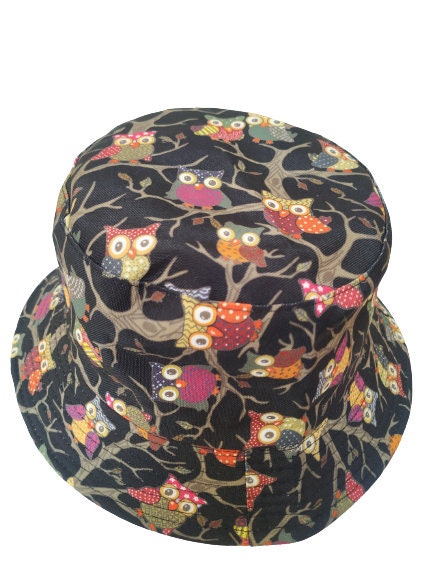 Owls Bucket Hat: Reversible Black Cotton Festival Hat