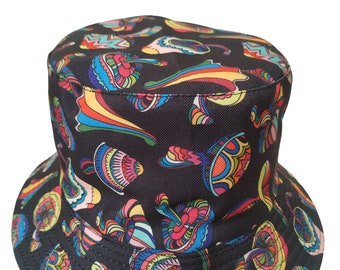 Colourful Mushrooms Black Bucket hat reversible Unisex Kids Adults One size Party Festival