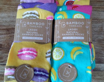 Damen Bambus Atmungsaktive Weiche Socken Obst Donuts Macaroons 6 Paar 6 Farben UK Größe 4-8