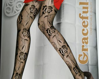 Roses design Fishnet Tights Black